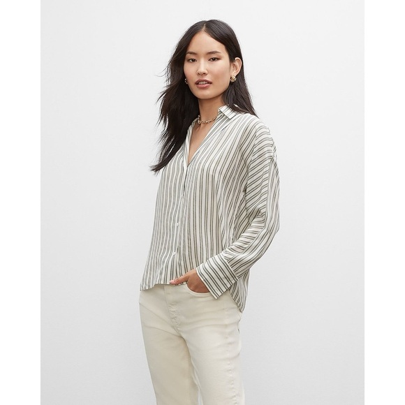 Club Monaco SIGNATURE SILK DOLMAN BUTTON-UP SHIRT IN WHITE PRINTED MULTI Sz L - Picture 1 of 8